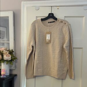 NWT Elegant Beige Crew Neck Sweater with Button Accents